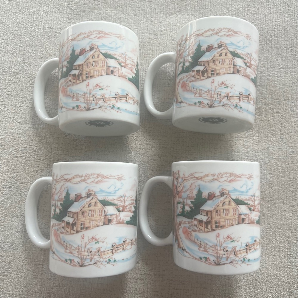 Vintage 1992 Houston Foods Winter Farmhouse Barn Coffee Mugs Set of 4 31244SB